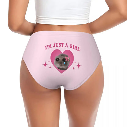 Cute women's underwear briefs with a playful design saying I'm Just a Girl from LuckeLadybug LLC