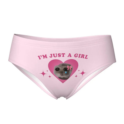 Cute women's underwear briefs with pink heart design and text 'I'm Just A Girl' by LuckeLadybug LLC