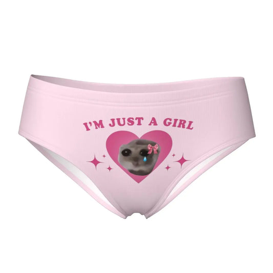 Cute women's underwear briefs with pink heart design and text 'I'm Just A Girl' by LuckeLadybug LLC