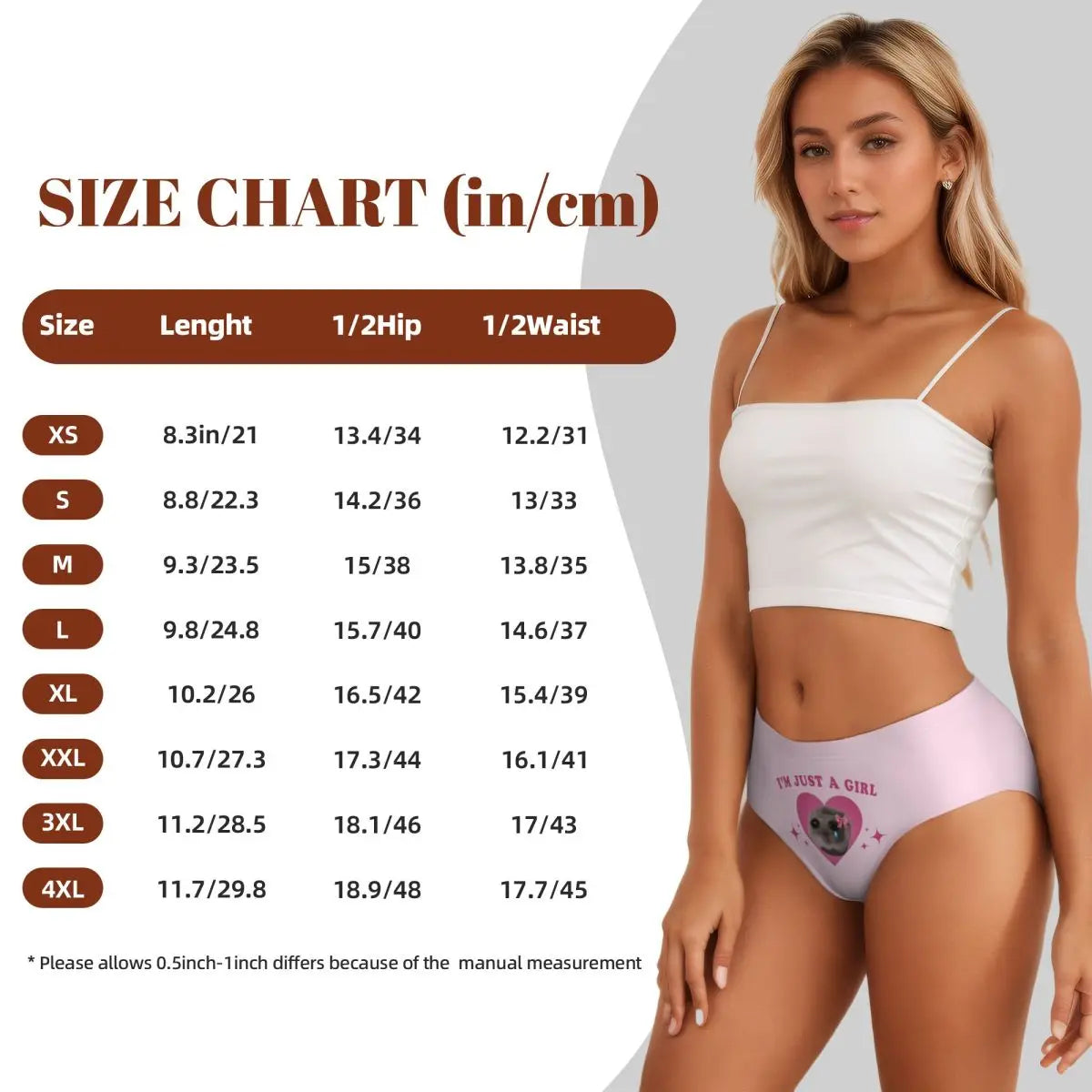 Size chart for cute women's underwear briefs by LuckeLadybug LLC with measurement details in inches and centimeters