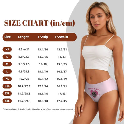 Size chart for cute women's underwear briefs by LuckeLadybug LLC with measurement details in inches and centimeters