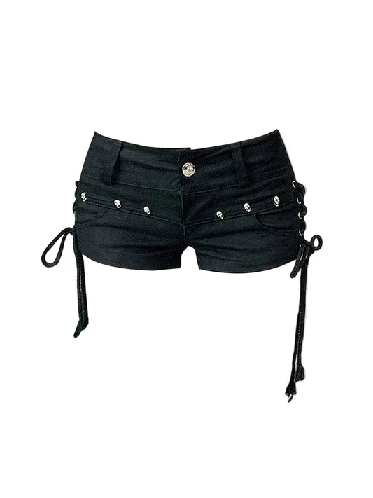 Black gothic denim shorts women featuring adjustable side ties and decorative skull details