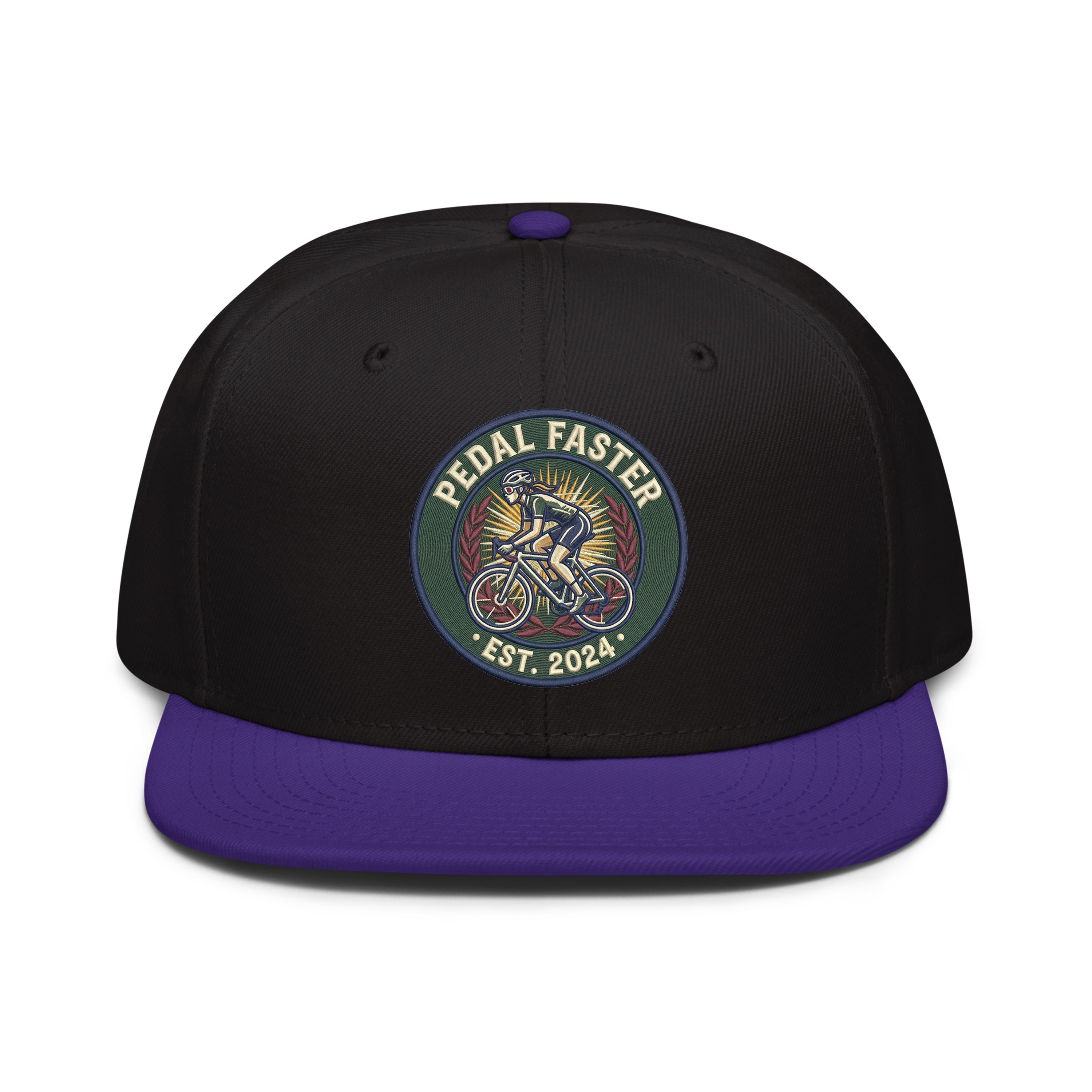 LuckeLadybug LLC Pedal Faster Hat Snapback in Black and Purple with Bicycle Design