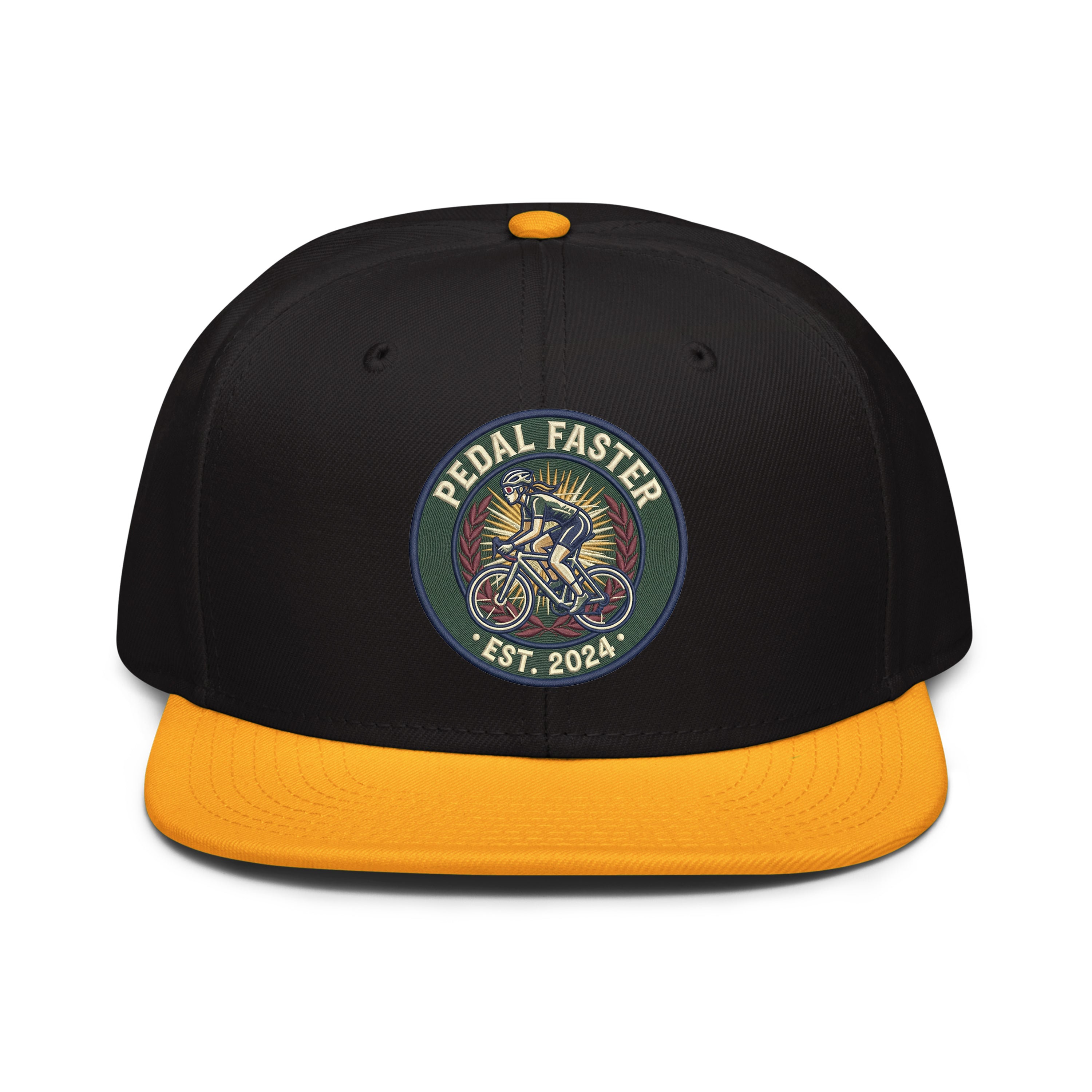 LuckeLadybug hat snapback featuring a black base and yellow brim with a cycling design