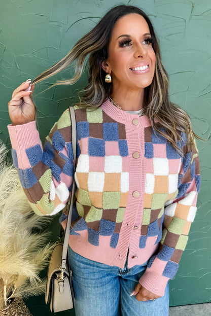 Multicolor Checkered Cardigan Sweater