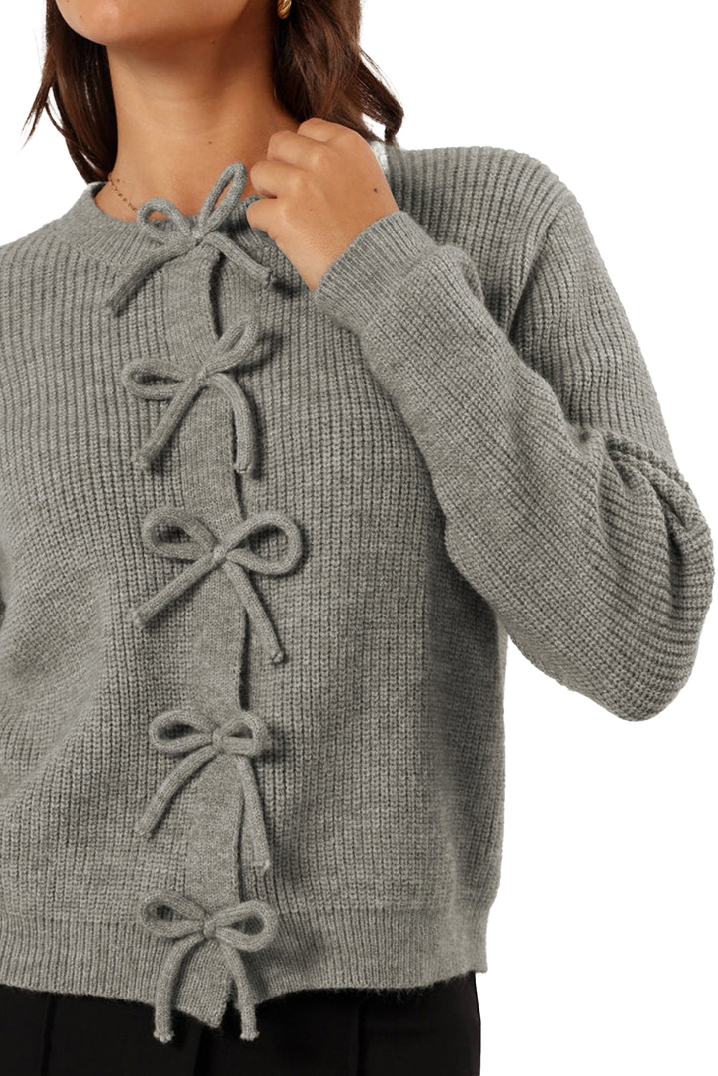 Gray Ribbed Knit Cardigan For Women