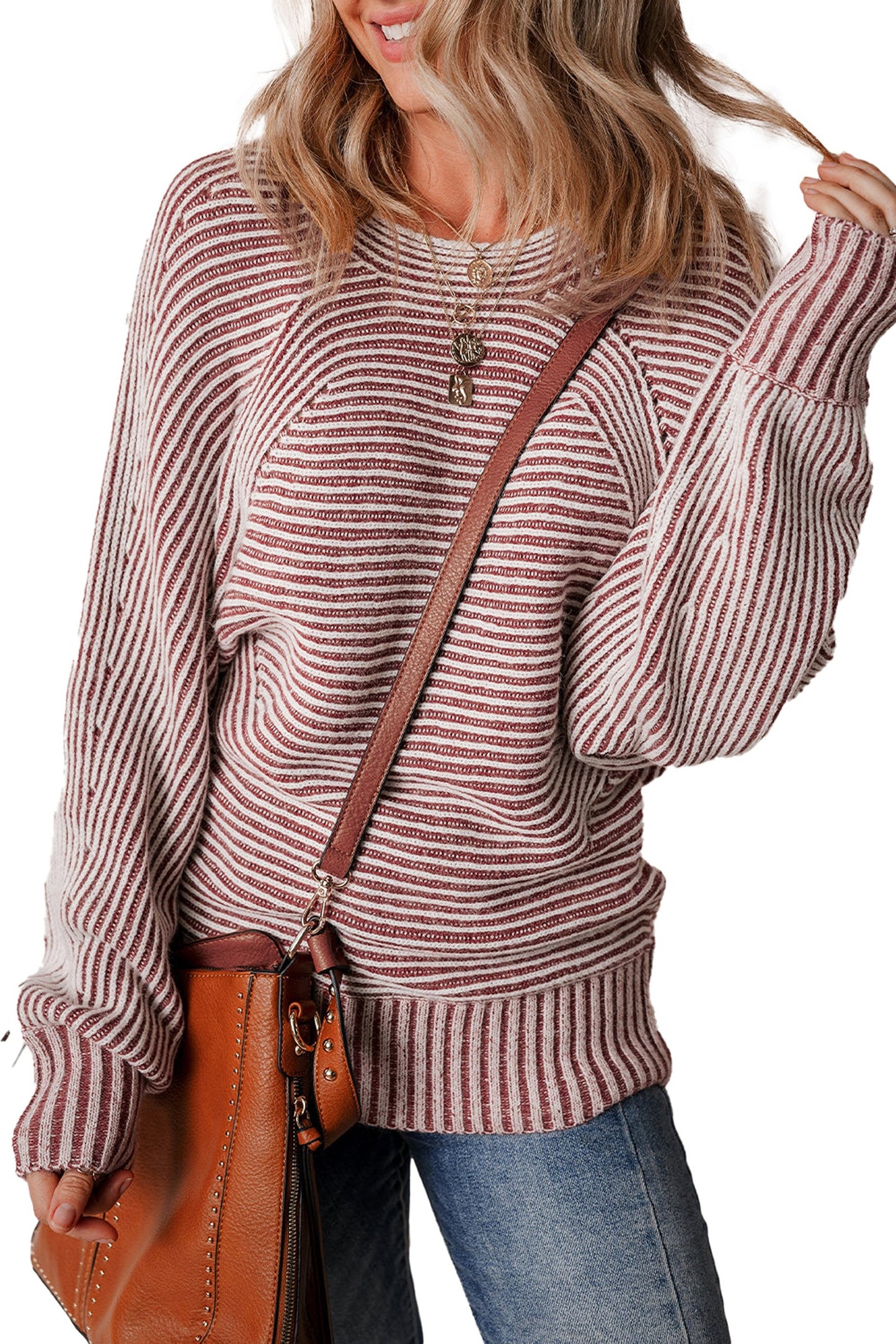 Blue Striped Knit Boat Neck Sweater