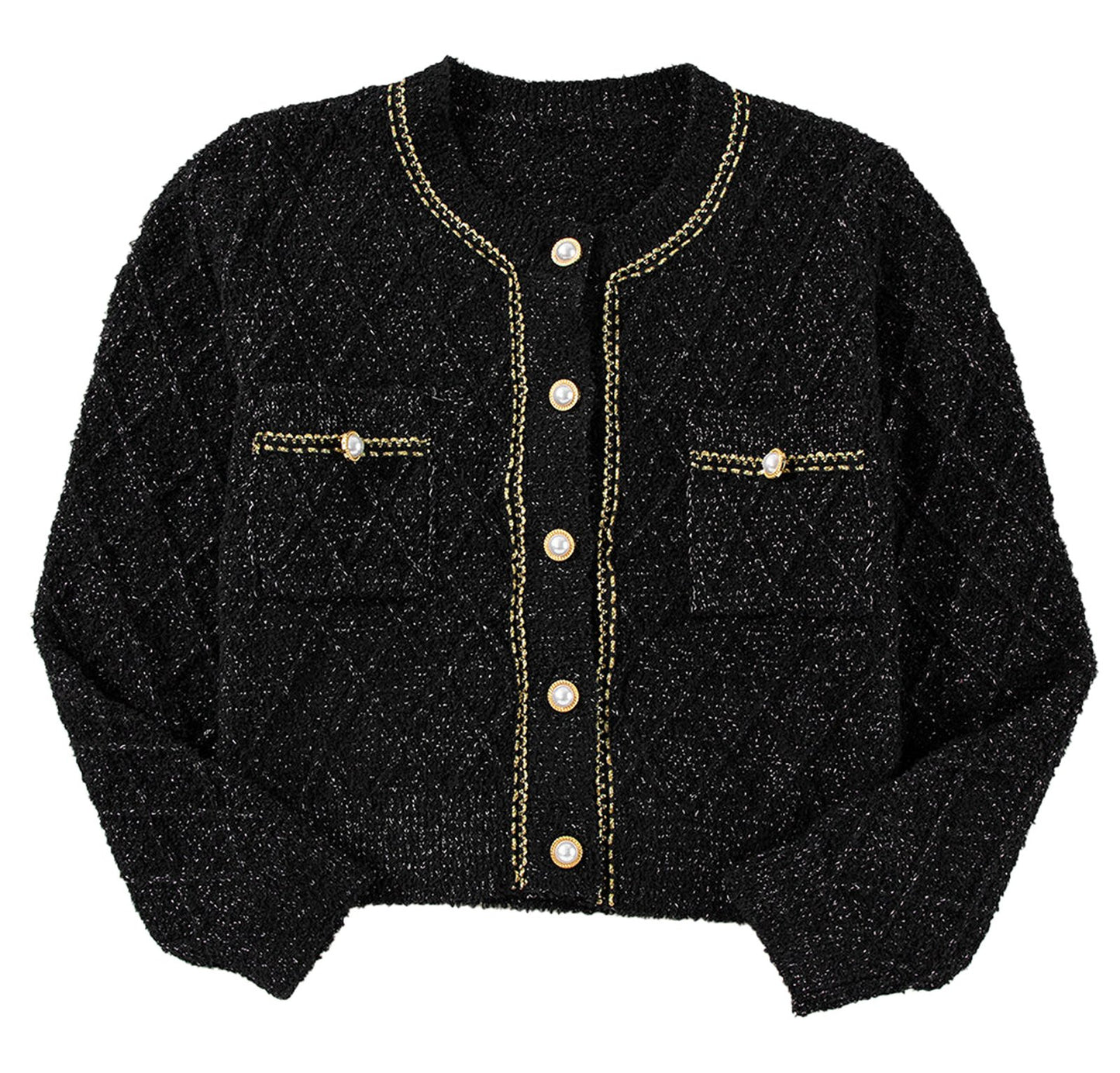 Black Shimmer Cardigan With Pearl Details