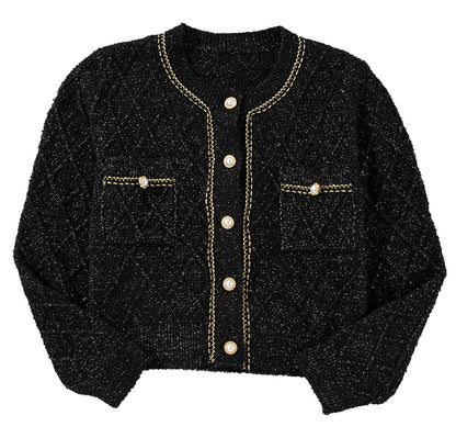 Black Shimmer Cardigan With Pearl Details
