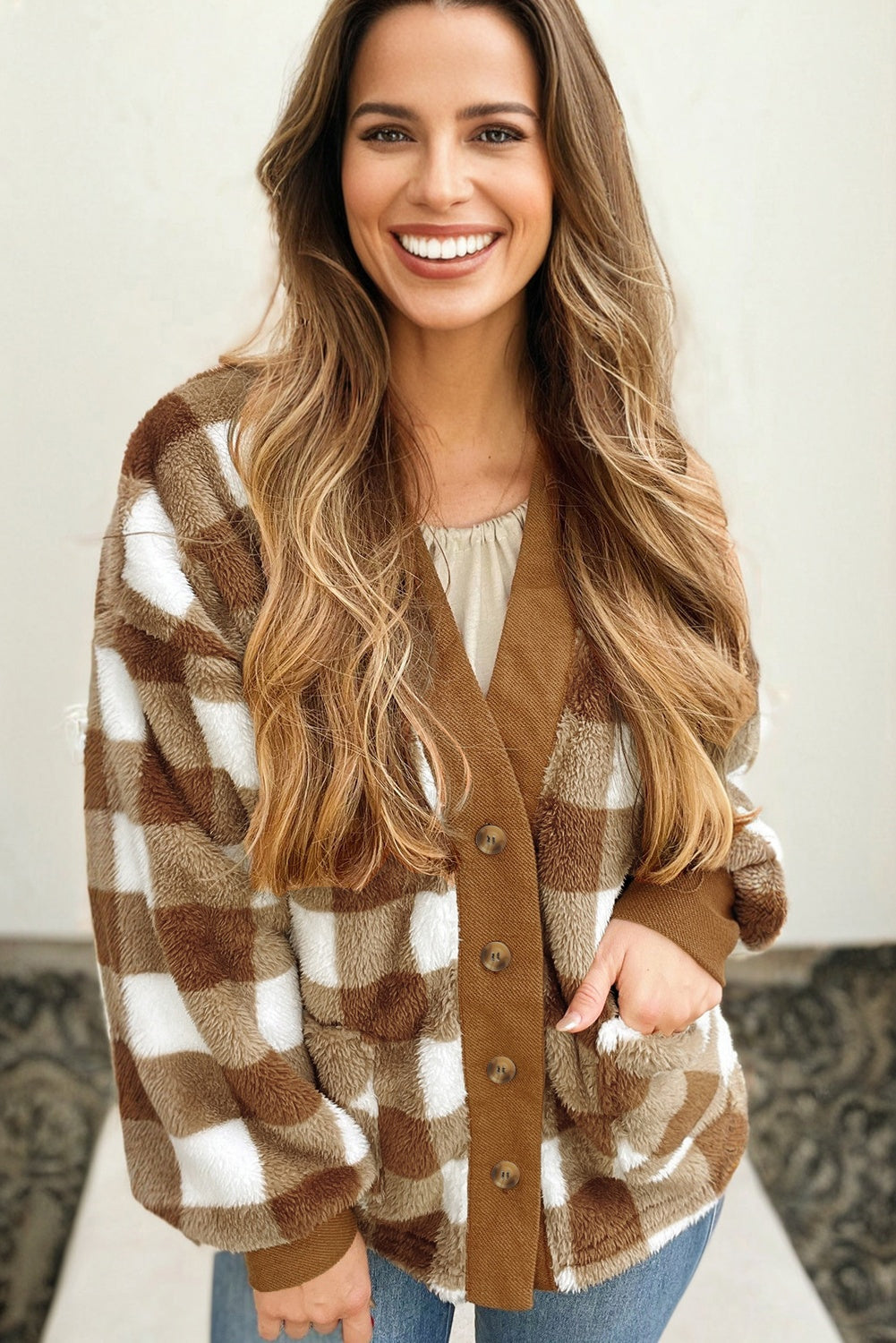 Dear-Lover Brown Checkered Sherpa Cardigan For Cozy Chic