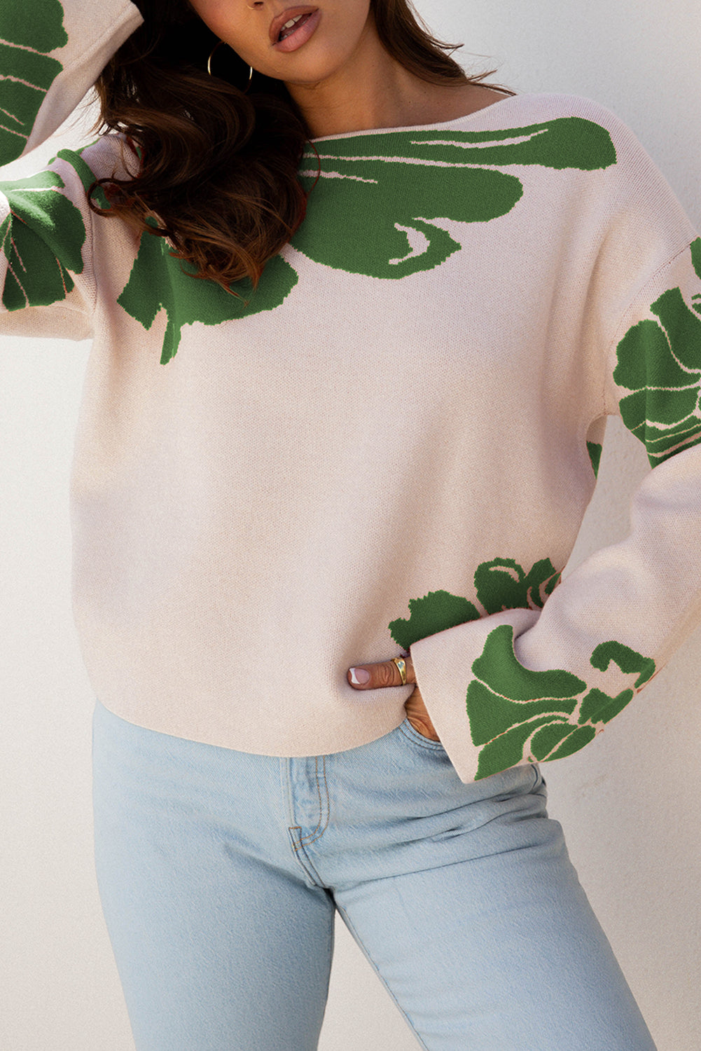 Green Flower Pattern Sweater For Women