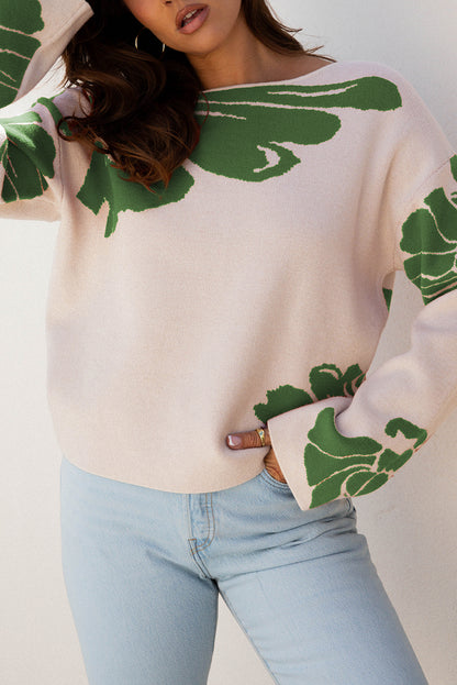 Green Flower Pattern Sweater For Women