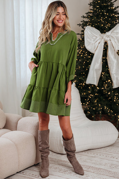 Jungle Green Mini Dress, Flowy Tiered V-Neck