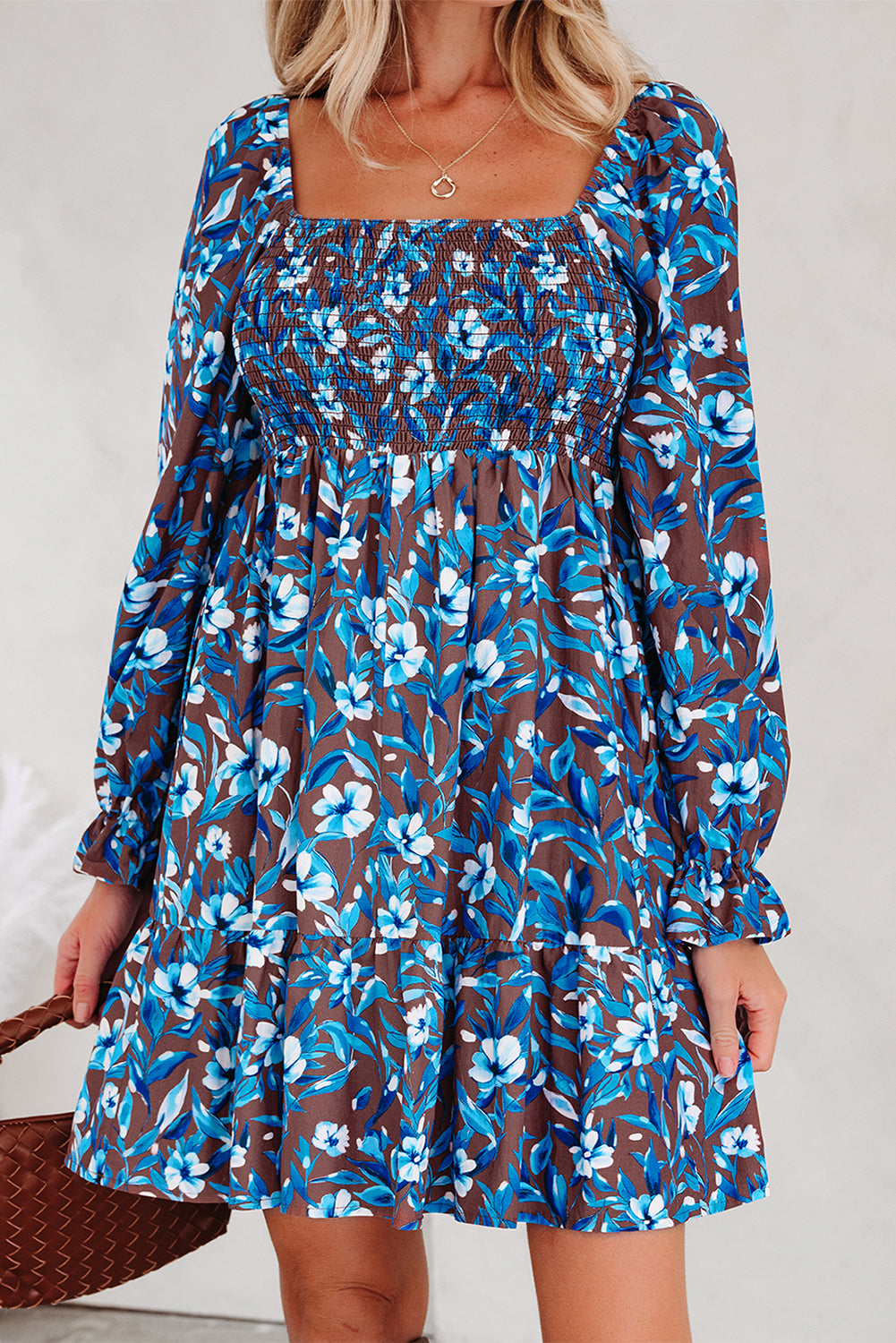 Blue Floral Smocked Dress Puff Sleeve Mini
