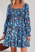 Blue Floral Smocked Dress Puff Sleeve Mini