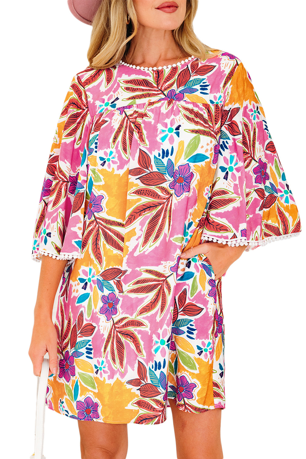 Pink Floral Swing Mini Dress Lace Trim