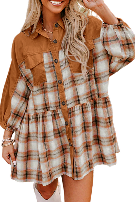 Khaki Plaid Tunic Dress Button Front