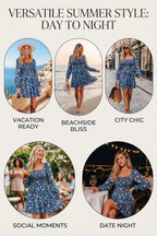 Blue Floral Smocked Dress Puff Sleeve Mini
