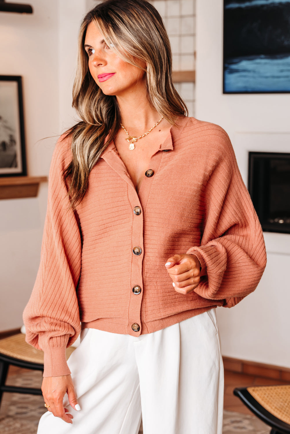 Apricot Pink Knit Cardigan For Trendy Looks