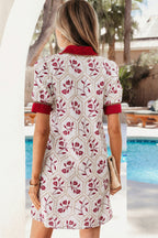 Blue Geometric Floral Print Lace Trim Collared Short Sleeve Mini Dress