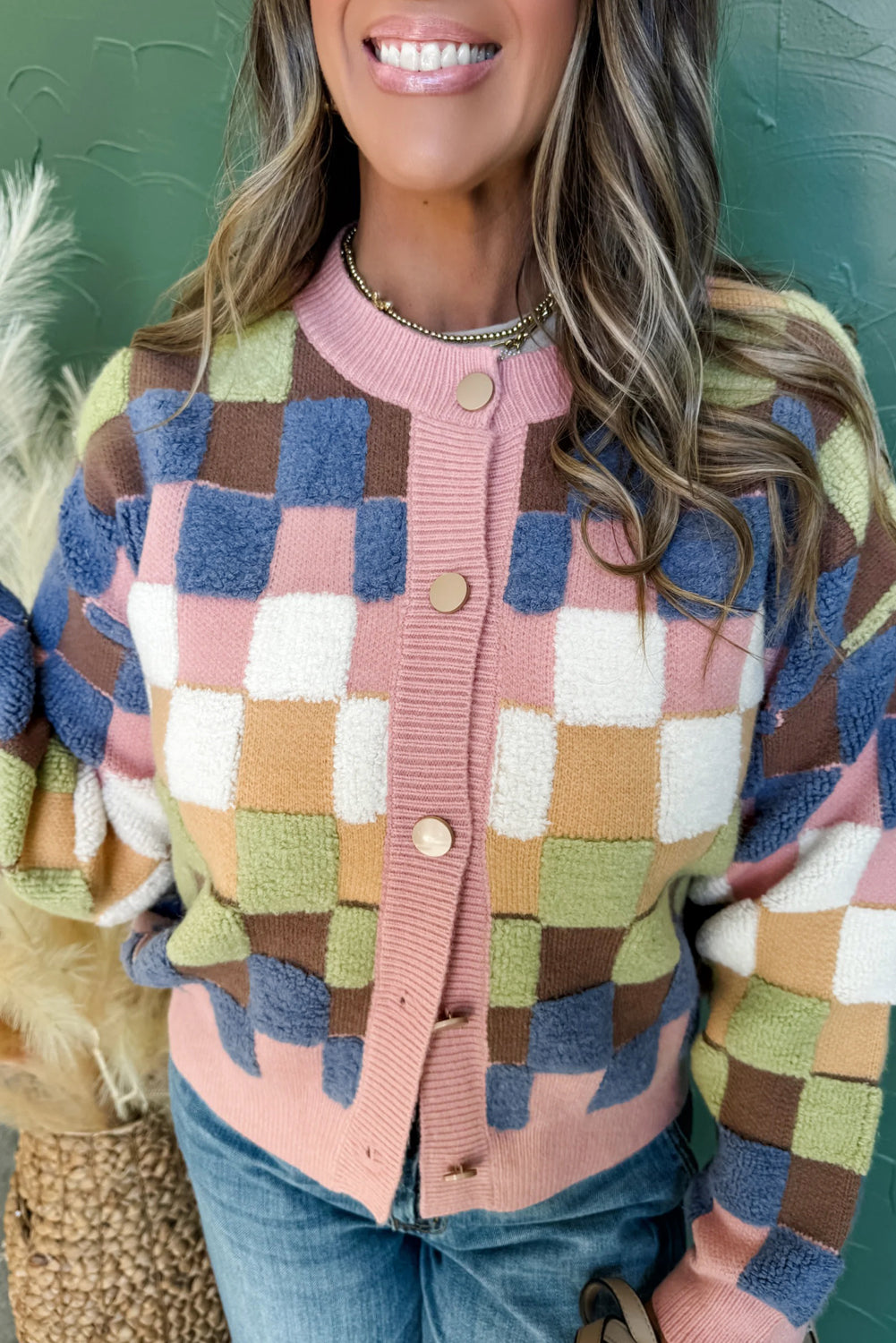 Multicolor Checkered Cardigan Sweater