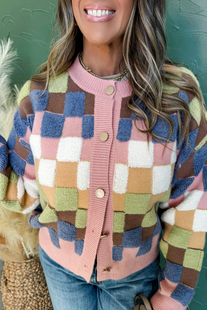Multicolor Checkered Cardigan Sweater