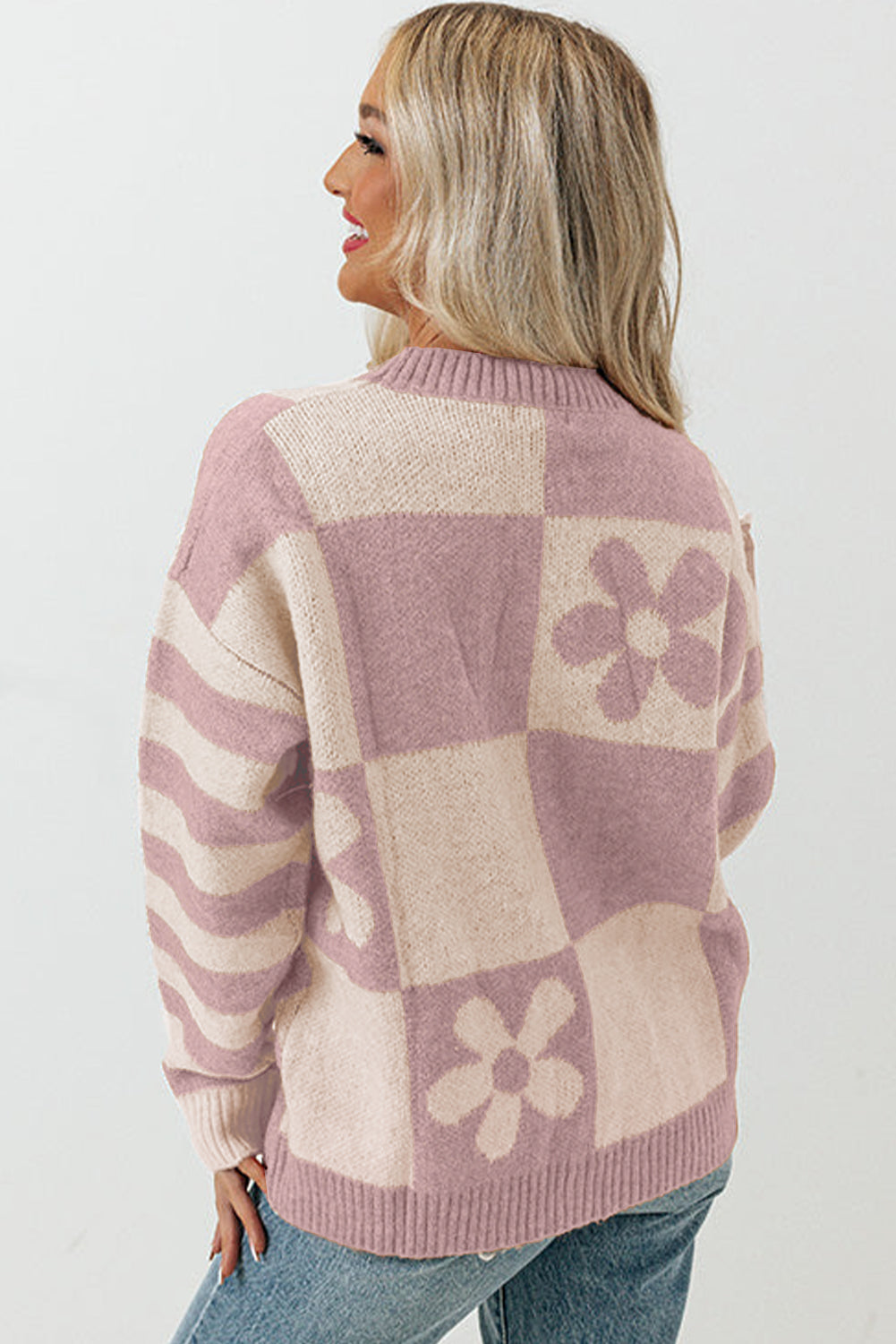 Brown Checkered Floral Sweater