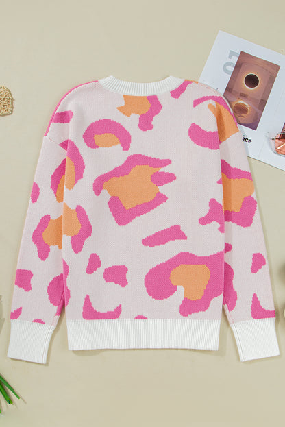 Pink Leopard Print Sweater For Trendy Style