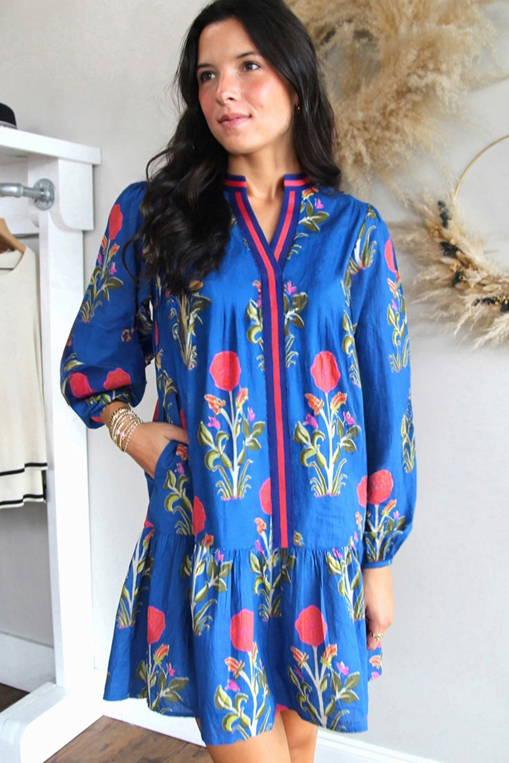 Sky Blue Floral Print Dress V-Neck, Pockets