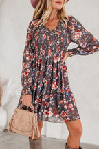 Brown Floral Mesh Mini Dress Smocked V-Neck