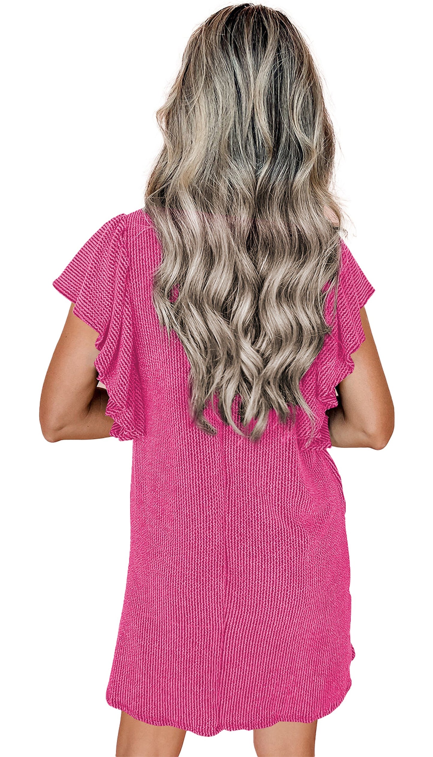 Rose Red Textured Ruffled Flutter Sleeve Mini Dress