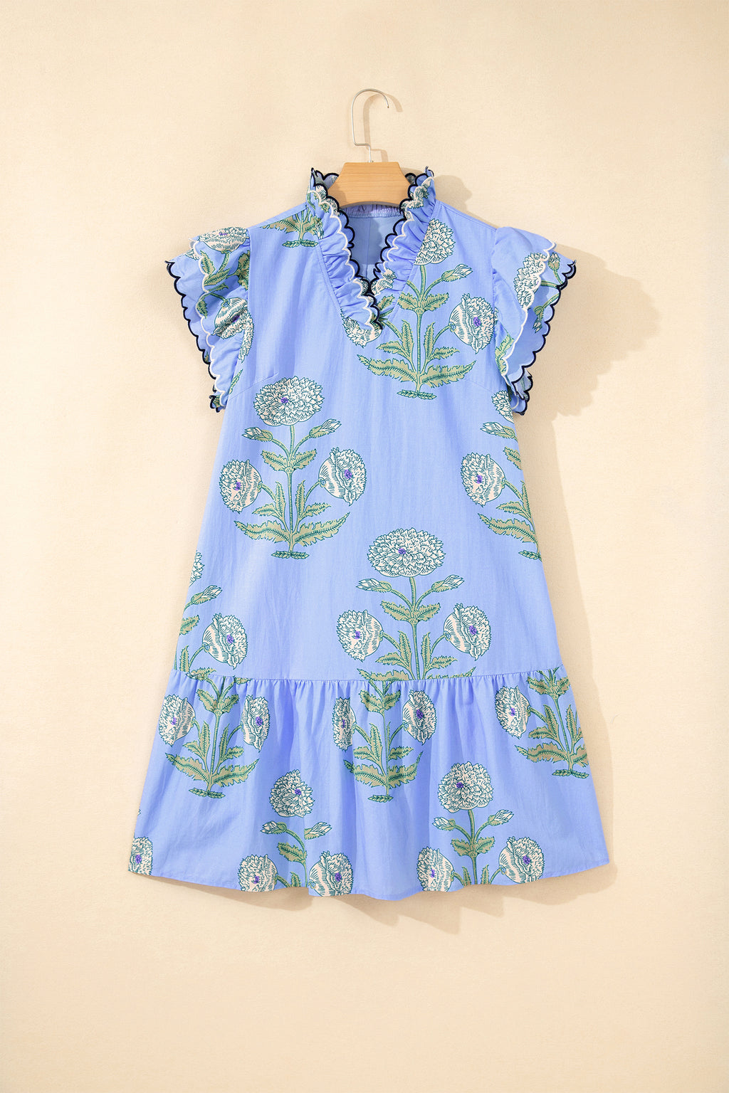 White Wild Floral Print Scalloped Embroidery Trim V Neck Drop Waist Mini Dress