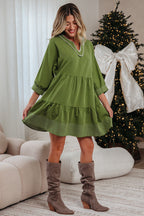 Jungle Green Mini Dress, Flowy Tiered V-Neck