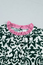 Green Damask Print Ruffled Color Block Detail Half Sleeve Blouse