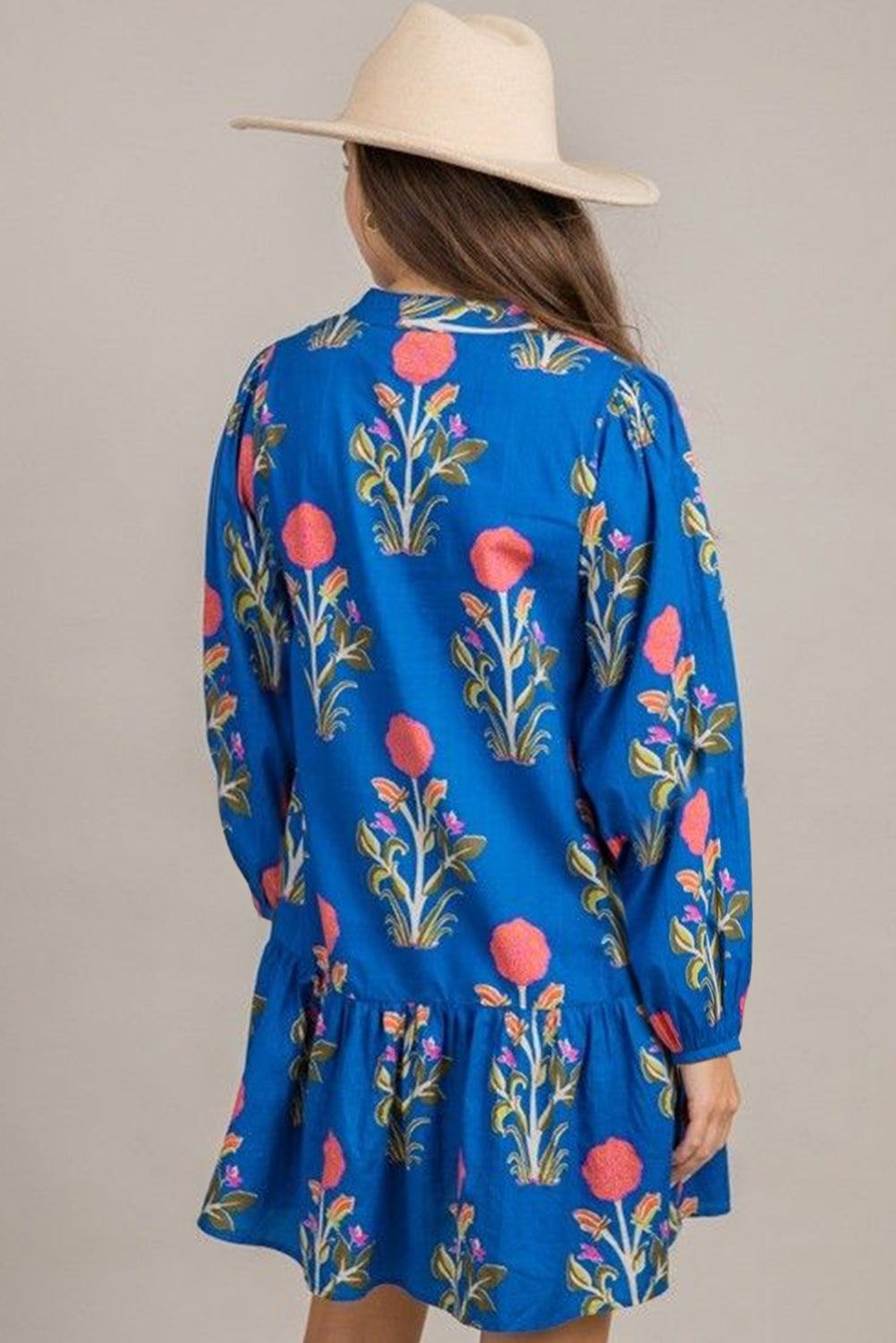 Sky Blue Floral Print Dress V-Neck, Pockets