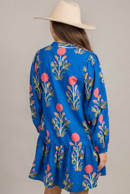 Sky Blue Floral Print Dress V-Neck, Pockets