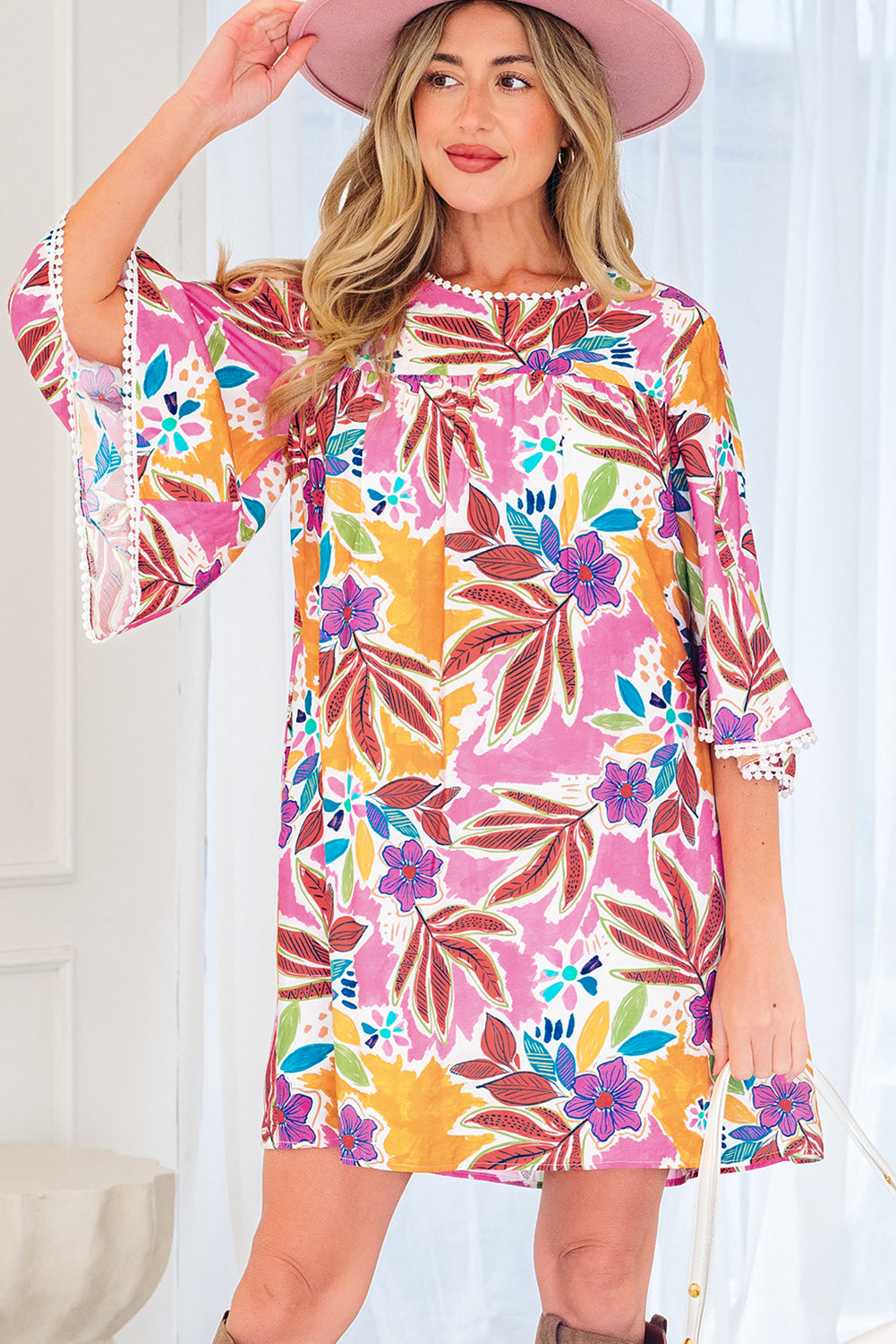 Pink Floral Swing Mini Dress Lace Trim
