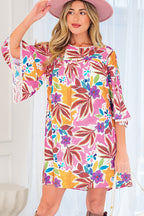 Pink Floral Swing Mini Dress Lace Trim