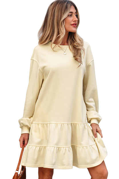 Beige Ruffle Hem Mini Dress Cozy Long Sleeve