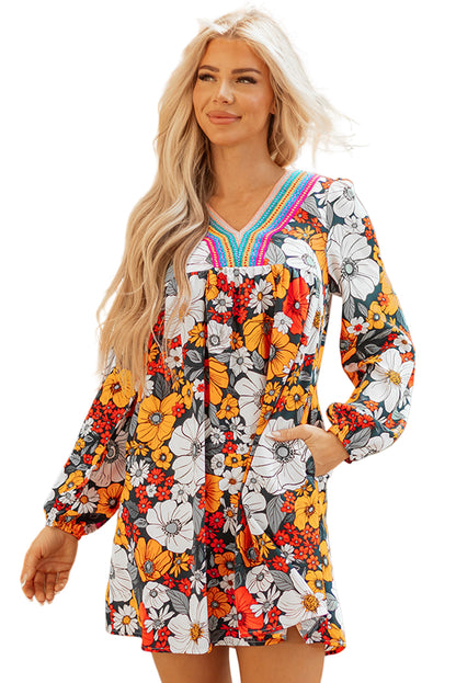Orange Floral Mini Dress Boho V-Neck