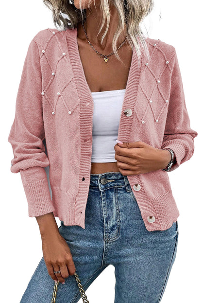 Pearl Beaded Knit Cardigan In Pink