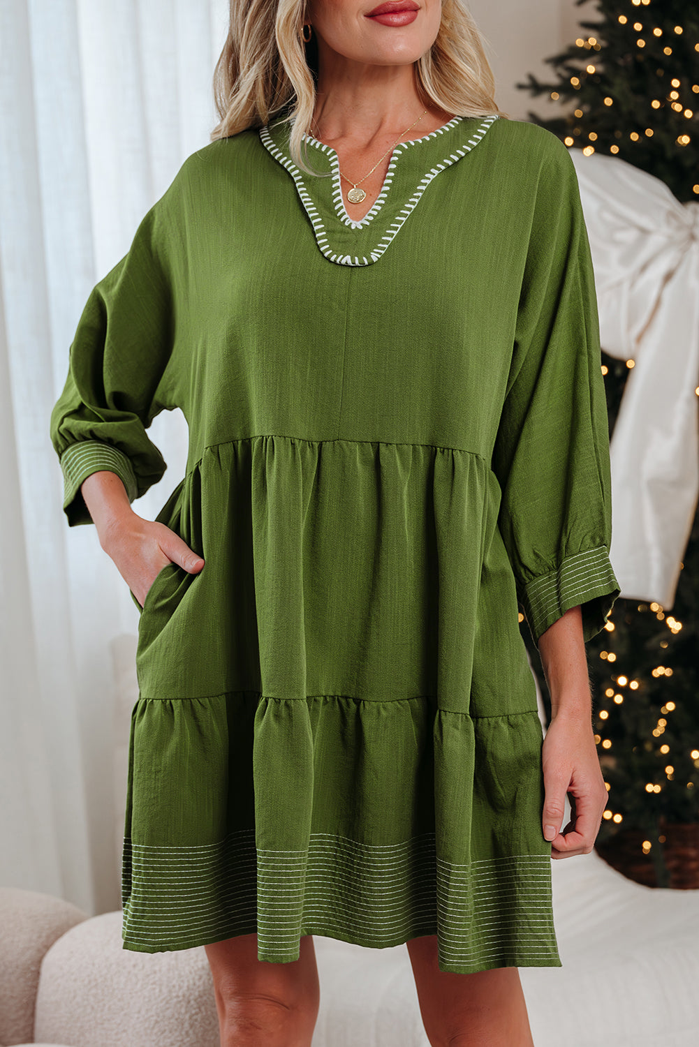 Jungle Green Mini Dress, Flowy Tiered V-Neck