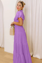 Bright Green Solid Color V Neck Short Puff Sleeve High Waist Tiered Maxi Dress