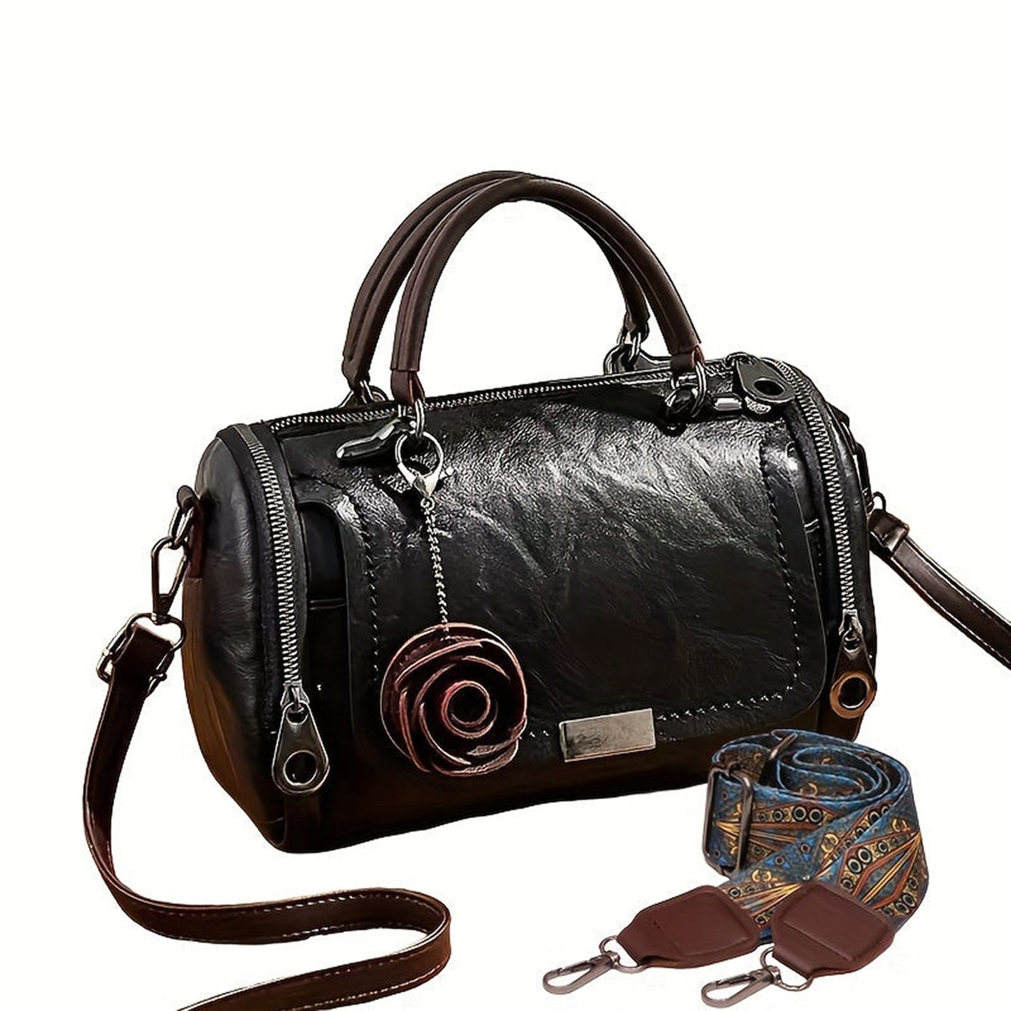 Womens Boston Handbag With Flower Pendant
