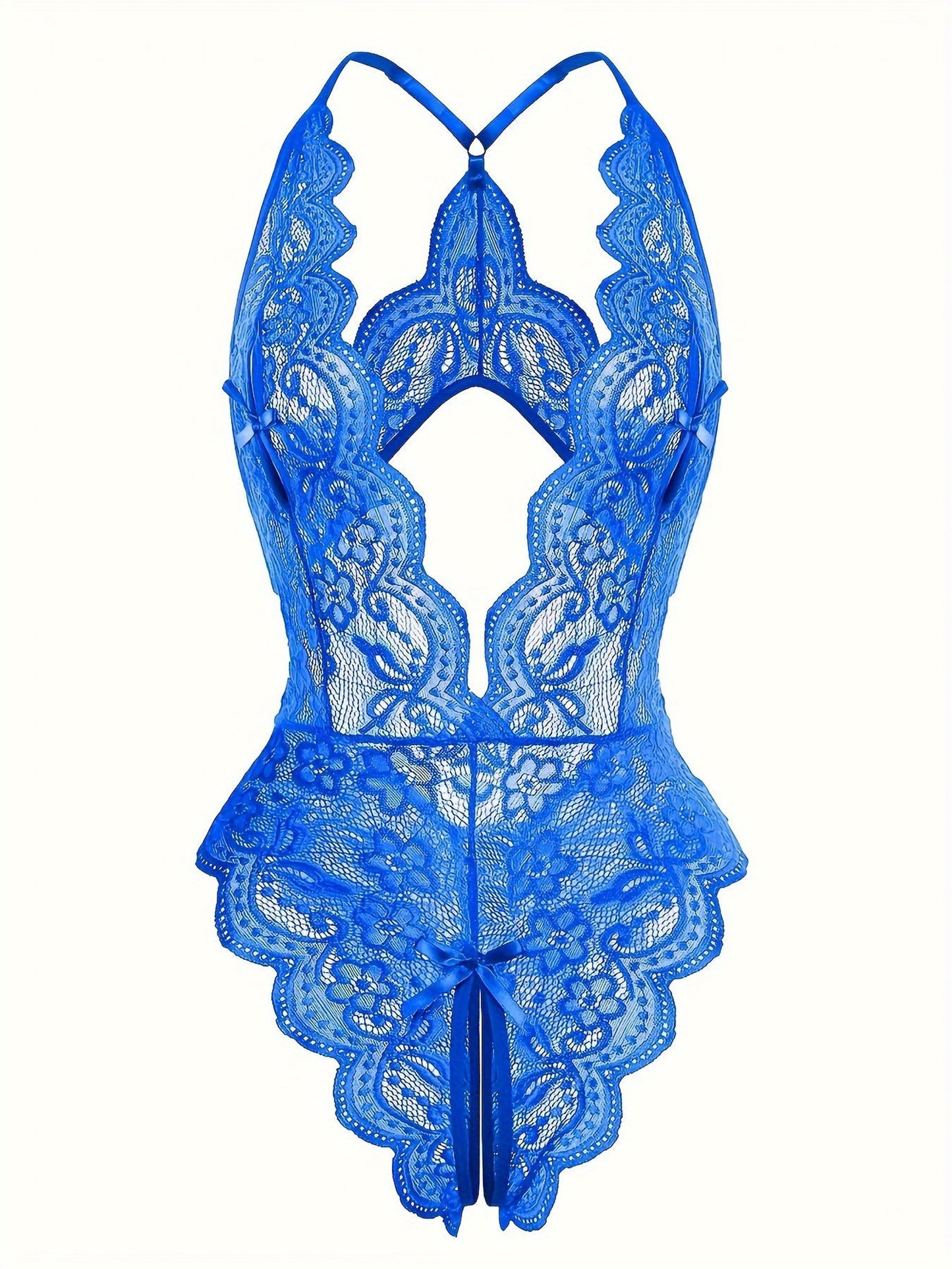 Sultry Floral Lace Bodysuit - Backless, Semi-Sheer, Open Crotch