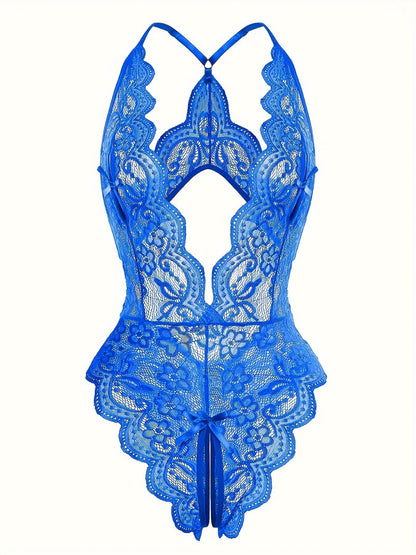 Sultry Floral Lace Bodysuit - Backless, Semi-Sheer, Open Crotch
