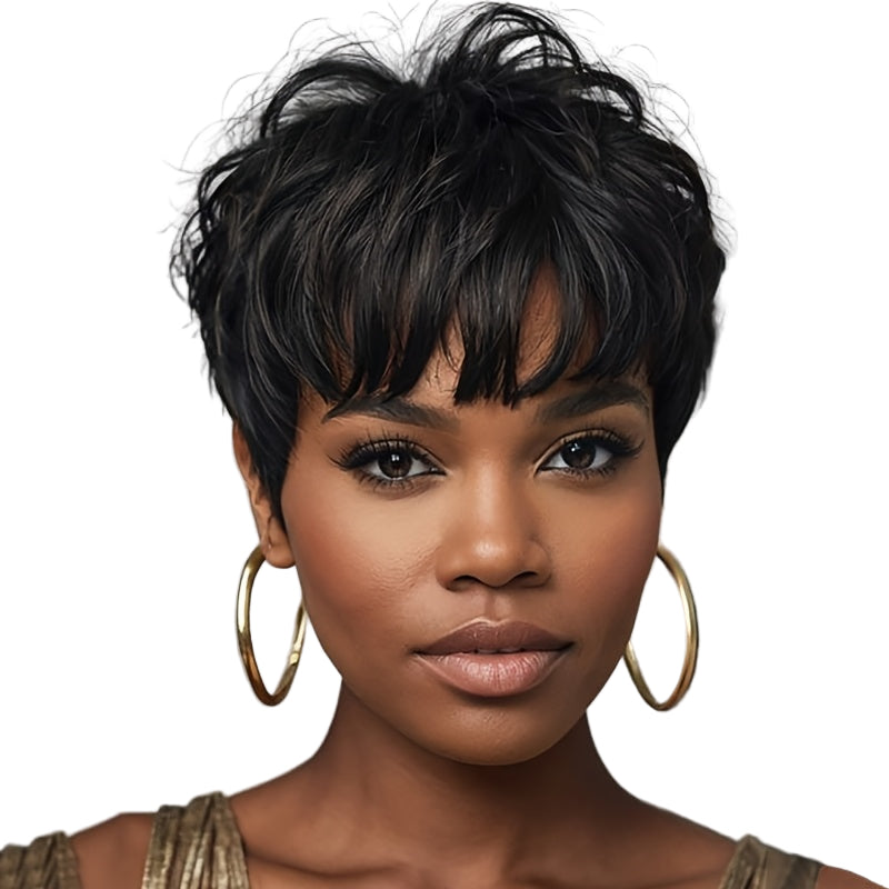 Short Black Wavy Wig With Bangs