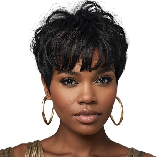 Short Black Wavy Wig With Bangs