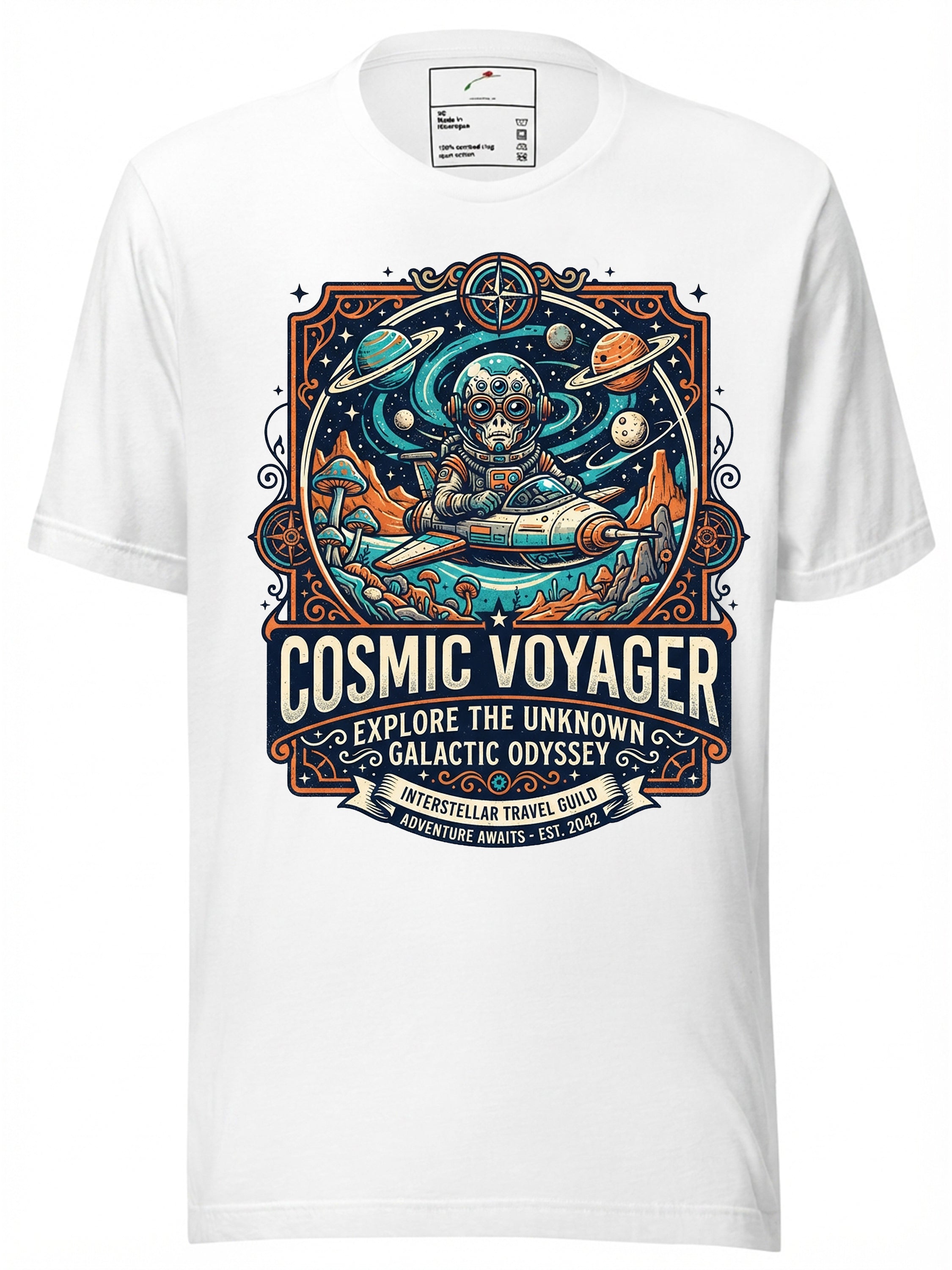 Cosmic Voyager T-Shirt featuring Dandys World fan art with a whimsical space design and vibrant colors