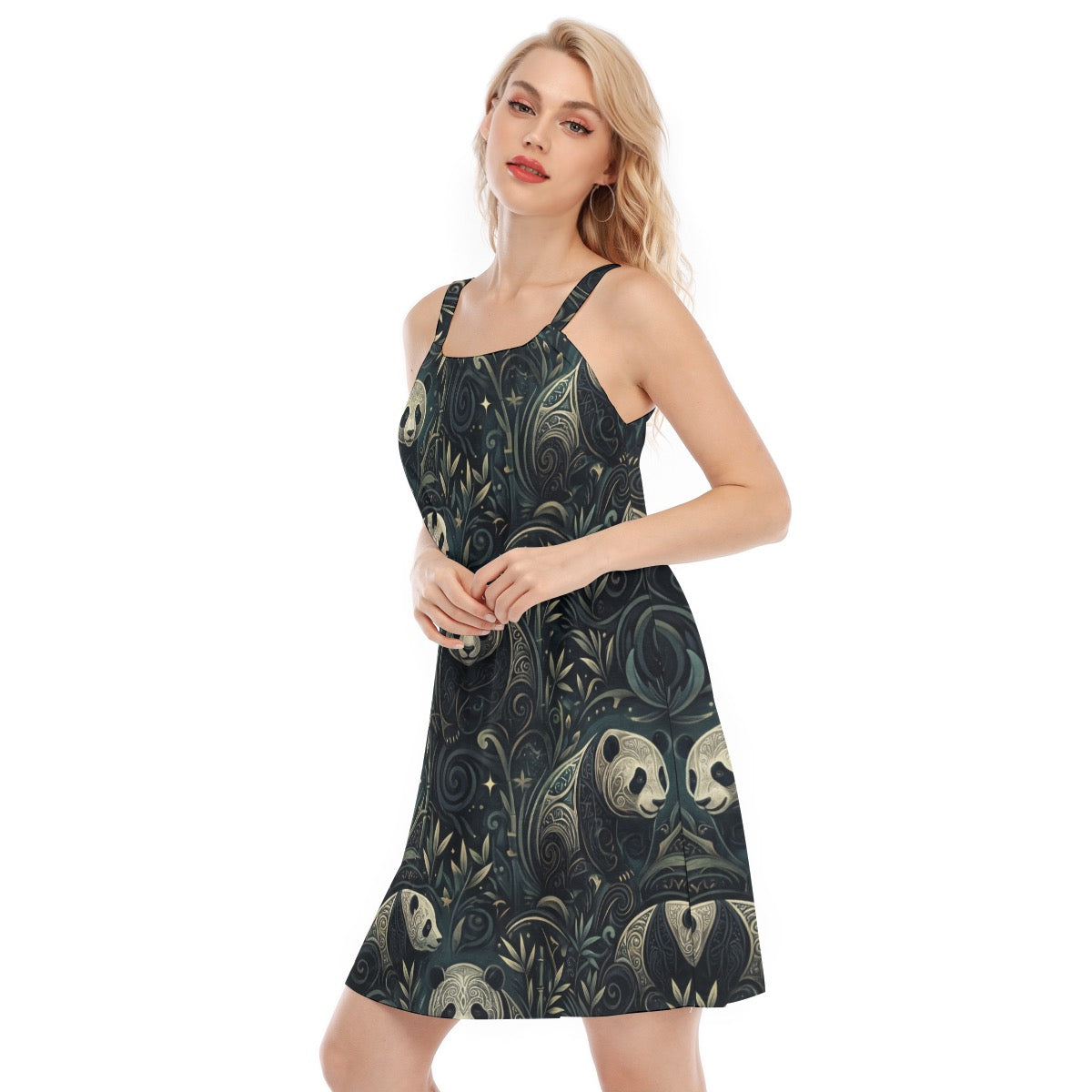 LuckeLadybug A-Line Dress in Dark Aesthetic Featuring Panda and Floral Patterns